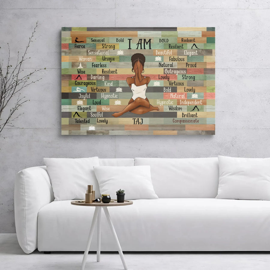 Black Woman Yoga Canvas Wall Art | I Am Positive Affirmations Spiritual Print | Premium Gallery Wrapped Decor | Inspirational Gift For Her