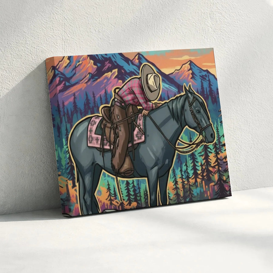 Cowboy and Horse Canvas Wall Art | Modern Western Pop Art Illustration | Premium Gallery Wrap | Ranch and Cabin Decor Gift