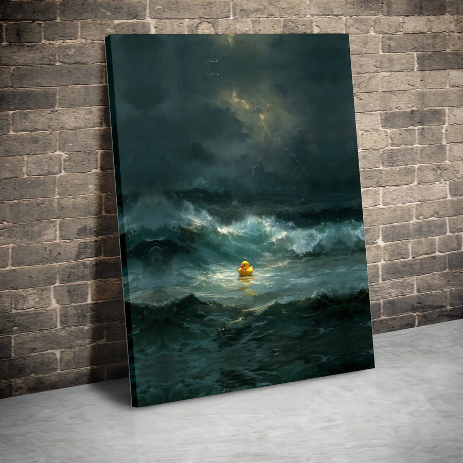 Rubber Duck in Storm Canvas Art | Surreal Ocean Lightning Painting | Premium Framed Canvas Print | Unique Office & Living Room Decor Gift