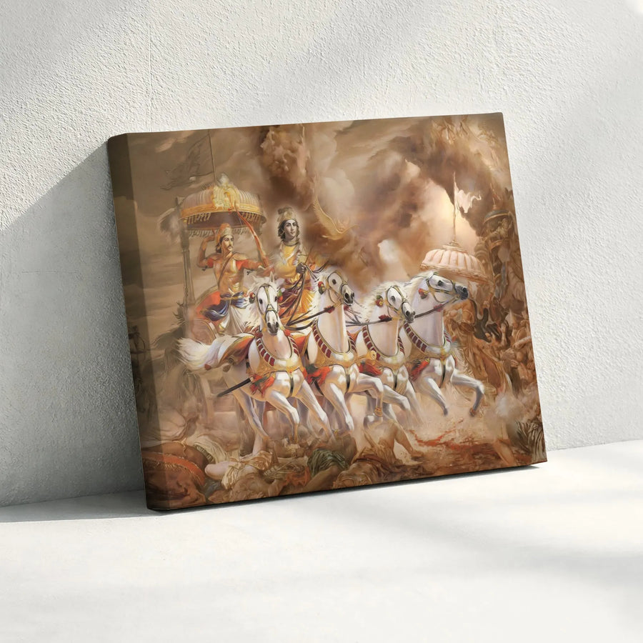 Lord Krishna and Arjuna Chariot Canvas Print | Mahabharata Battle Wall Art | Premium 1.25" Gallery Wrap | Hindu Mythology Home Decor