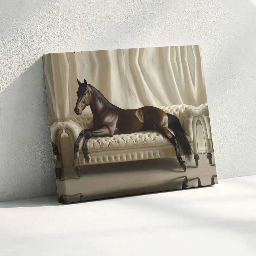 Horse On Sofa Canvas Print | Surreal Equestrian Wall Art | Premium 1.25 Inch Gallery Wrap | Unique Farmhouse Home Decor Gift