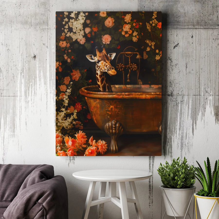 Giraffe in Bathtub Canvas Wall Art | Whimsical Floral Bathroom Decor | Gallery Wrapped Premium Canvas | Ready to Hang Quirky Home Decor Gift