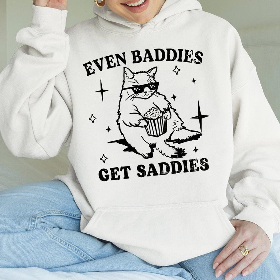 Even Baddies Get Saddies Hoodie | Cool Cat Eating Popcorn Graphic | Soft Cotton-Blend Aesthetic Pullover | Funny Trendy Gift for Cat Lovers