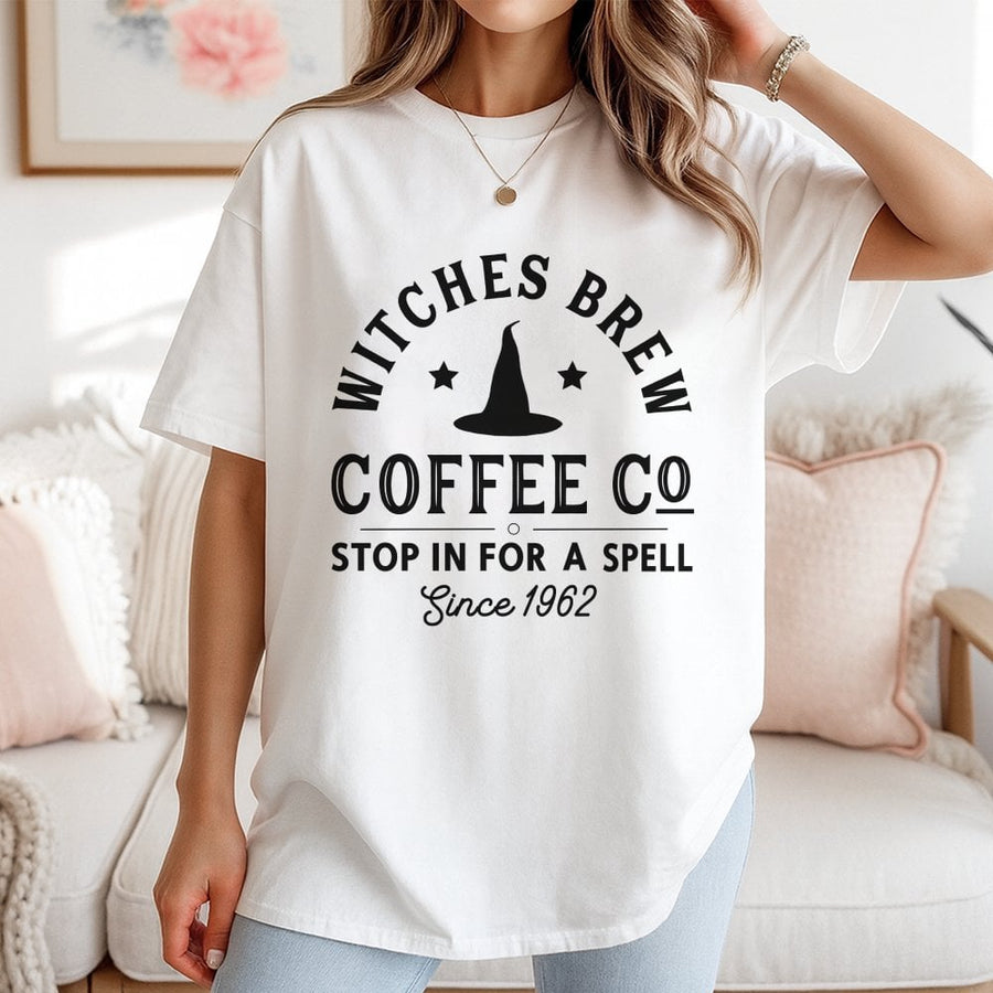 Witches Brew Coffee Co T-Shirt | Funny Witch Hat Halloween Graphic | 100% Cotton Premium Tee | Spooky Gift for Coffee Lovers