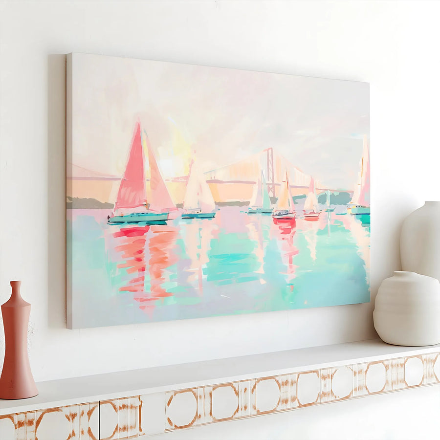 Sailboat Regatta Canvas Wall Art | Pastel Harbor Scene with Bridge | Gallery-Quality Thick Canvas | Premium Coastal Living Room Decor