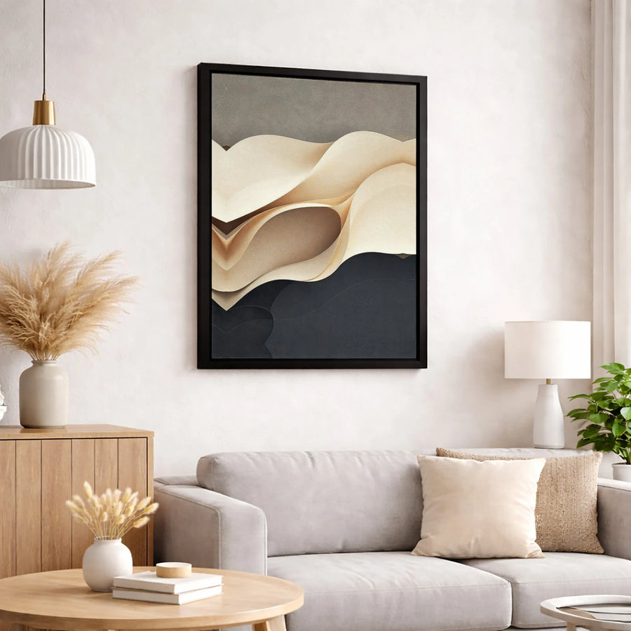 Abstract Layered Wave Canvas Wall Art | Beige and Black Minimalist Geometric Print | 1.25 Inch Gallery Wrap | Modern Home Office Decor