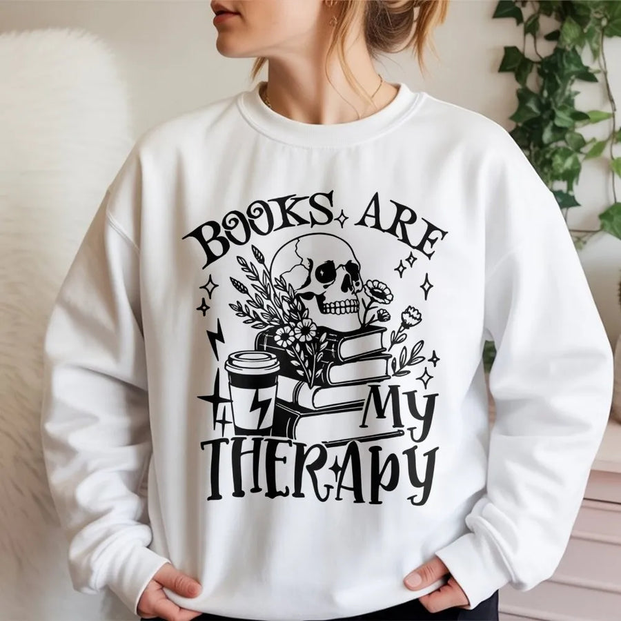 Books Are My Therapy Sweatshirt | Bookish Skull Floral Graphic Print | Premium Cotton Blend | Gift For Readers Librarian Teacher Reader Shirt