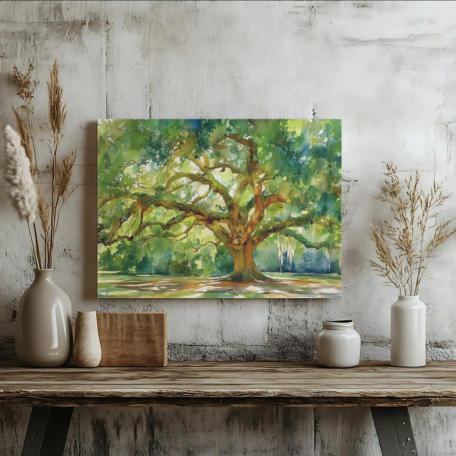 Watercolor Oak Tree Wall Art | Southern Live Oak with Spanish Moss | Thick Gallery Wrap Canvas | Premium Farmhouse & Living Room Decor Gift