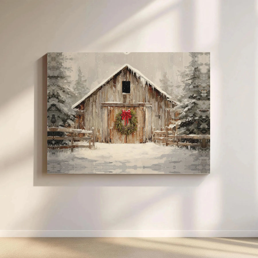 Rustic Snowy Barn Canvas Print | Christmas Wreath Winter Landscape | Premium Gallery Wrap Wall Art | Seasonal Farmhouse Holiday Decor
