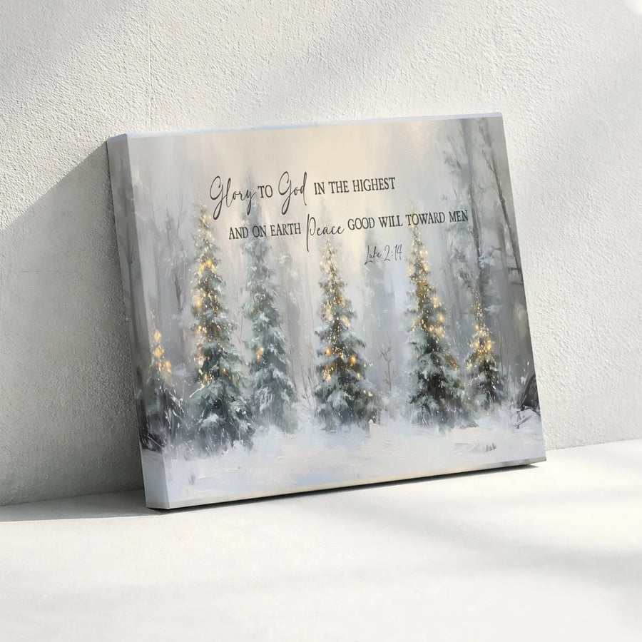 Luke 2:14 Christmas Canvas Wall Art | Glory To God Winter Forest Print | Premium Gallery-Wrapped Decor | Religious Holiday Home Gift