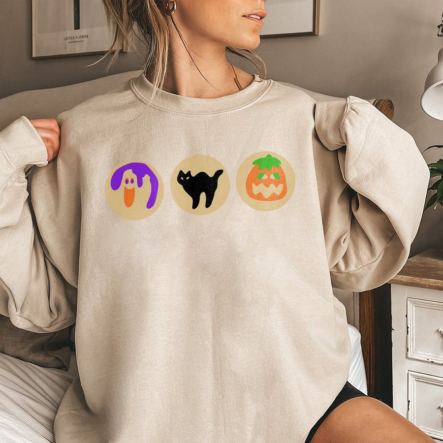 Halloween Cookie Sweatshirt | Ghost Black Cat Pumpkin Graphic | Soft Cotton Blend Crewneck | Spooky Season Gift For Women And Men