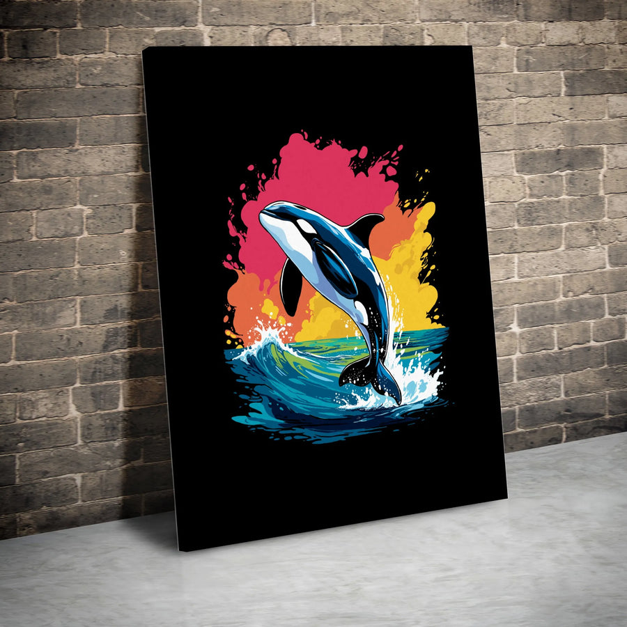 Jumping Orca Canvas Art | Colorful Pop Art Killer Whale Ocean Wave | 1.25 Inch Premium Gallery Wrap | Modern Nautical Wall Decor Gift