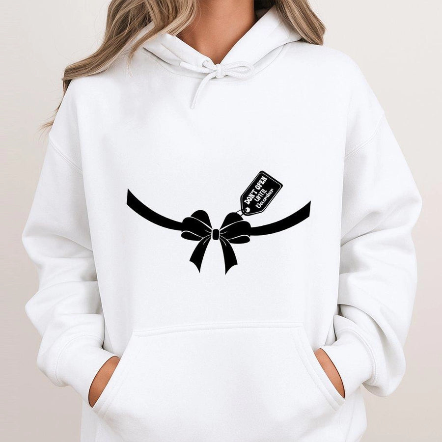 Christmas Pregnancy Announcement Hoodie | Don't Open Until December Bow Design | Premium Cotton Blend | Gift for Mom To Be and Expecting Parents