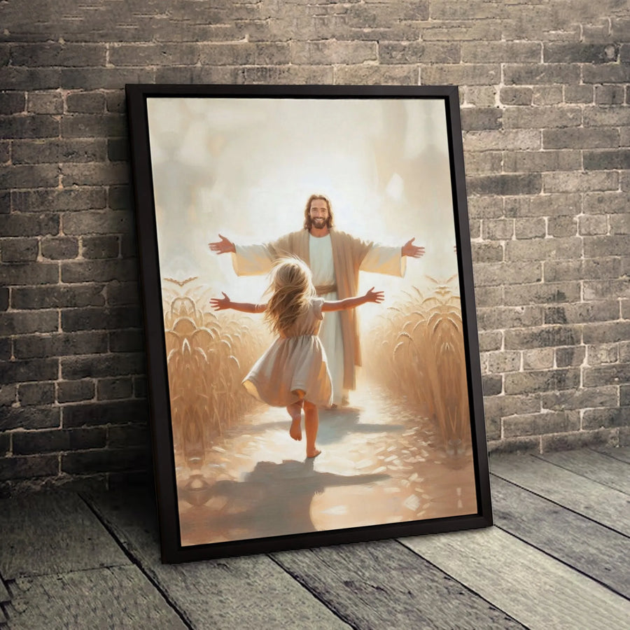 Jesus Christ and Little Girl Canvas Print | Running in Wheat Field Art | Gallery-Quality Fade-Resistant Decor | Religious Christian Gift for Home