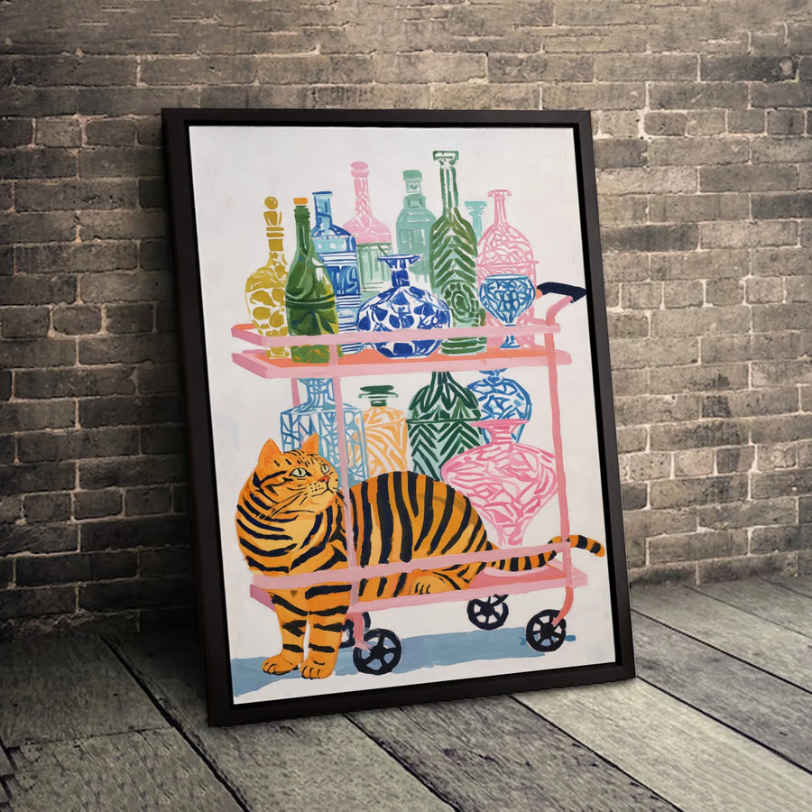 Tiger Cat Art Print | Whimsical Bar Cart Wall Decor | Premium 1.25" Gallery Canvas | Unique Living Room Gift For Cat Lovers