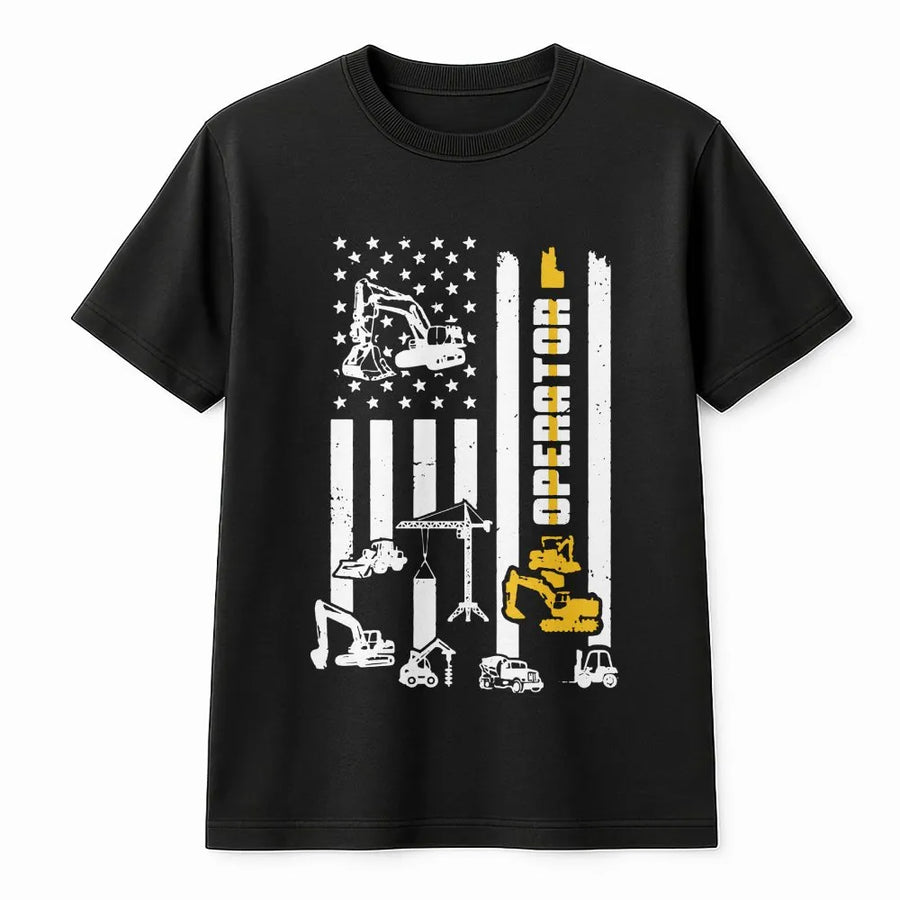 Heavy Equipment Operator T-Shirt | American Flag Construction Graphic | Premium Cotton Blend | Gift for Construction Worker