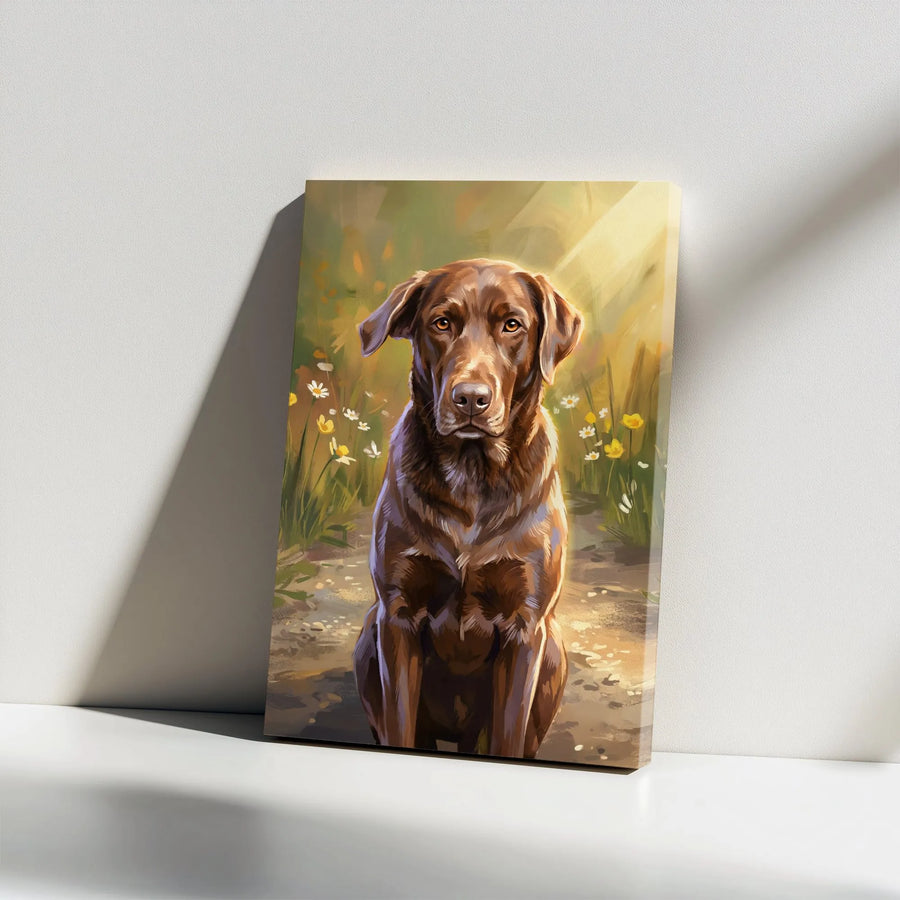 Chocolate Lab Canvas Wall Art | Painterly Dog Portrait in Wildflower Meadow | Premium Gallery Wrapped Print | Gift for Dog Lover