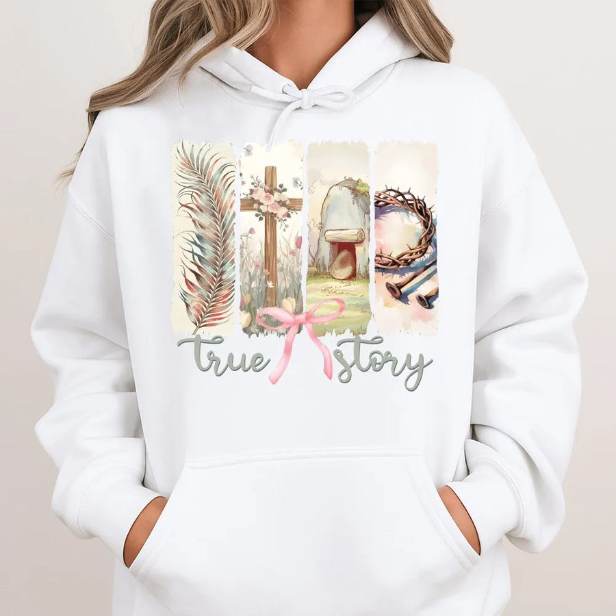 Christian Easter Hoodie | He Is Risen Coquette Bow Graphic | Soft Cotton Tee | Faith Based Gift for Women