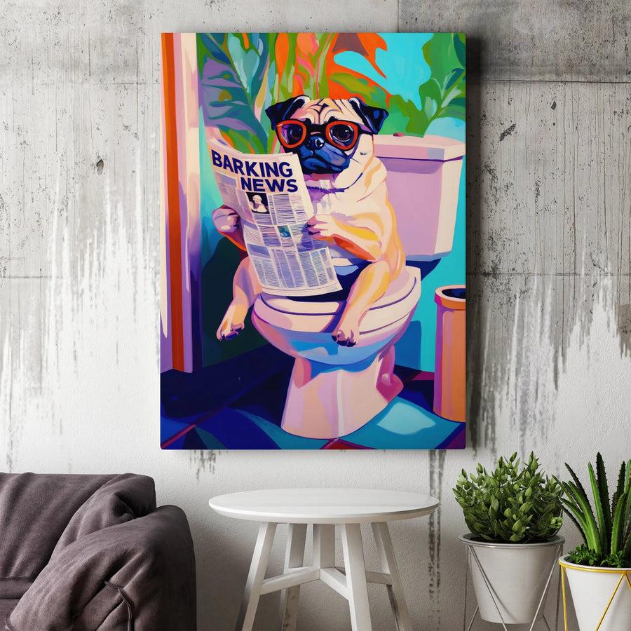 Pug Reading Newspaper Canvas Art | Funny Dog on Toilet Pop Art Print | Premium 1.25" Gallery Wrap | Quirky Bathroom Decor Gift for Dog Lovers