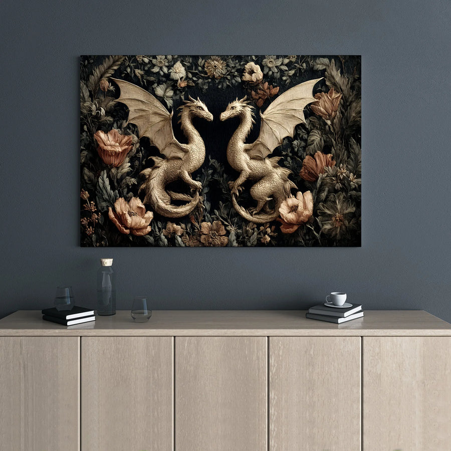 Fantasy Dragon Wall Art | Symmetrical Floral Canvas Print | Premium Gallery Wrapped Decor | Mythical Creature Home Gift