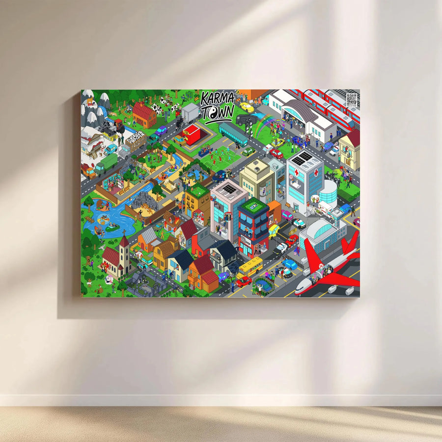 Karma Town Isometric Canvas Print | Detailed Wimmelbild Look and Find Art | Premium High-Resolution Print | Gamer Gift & Kids Room Decor