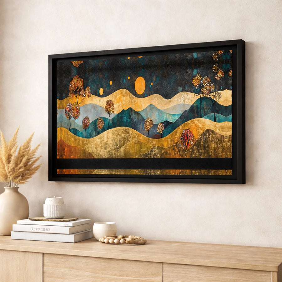 Abstract Gold and Teal Landscape Canvas | Modern Rolling Hills Night Scene | Premium Fade-Resistant Wall Art | Elegant Home & Office Decor Gift