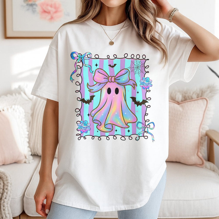 Coquette Ghost T-Shirt | Iridescent Aesthetic Halloween Graphic | Premium 100% Cotton | Cute Spooky Gift For Her