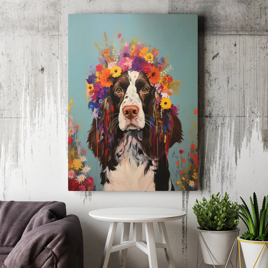 Springer Spaniel Canvas Wall Art | Colorful Flower Crown Portrait | Premium Gallery Wrapped Canvas | Unique Gift for Dog Lovers