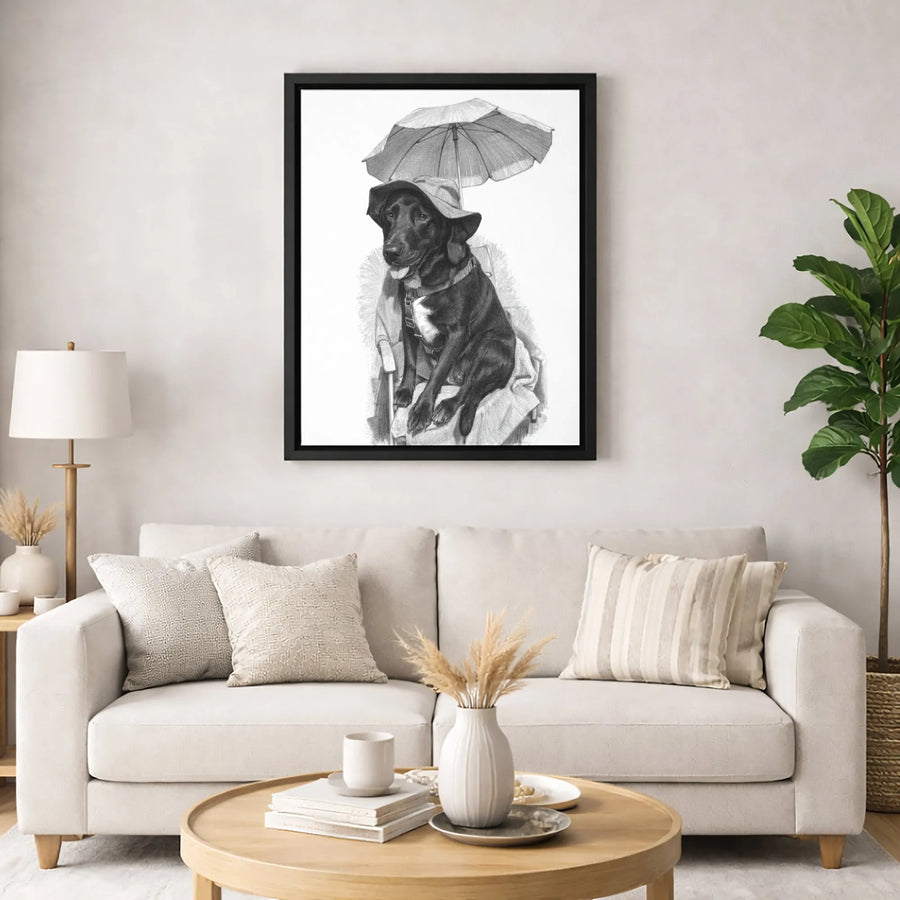 Black Labrador Dog Art Print | Whimsical Pencil Sketch with Hat and Umbrella | 1.25 Inch Gallery Canvas | Premium Dog Lover Wall Decor Gift