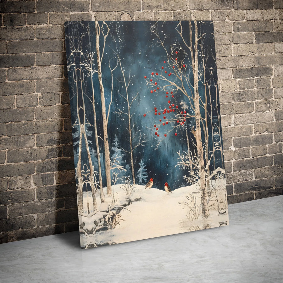 Winter Forest Canvas Wall Art | Snowy Birch Tree Landscape with Red Berries | Gallery Wrapped Premium Print | Holiday Seasonal Home Decor