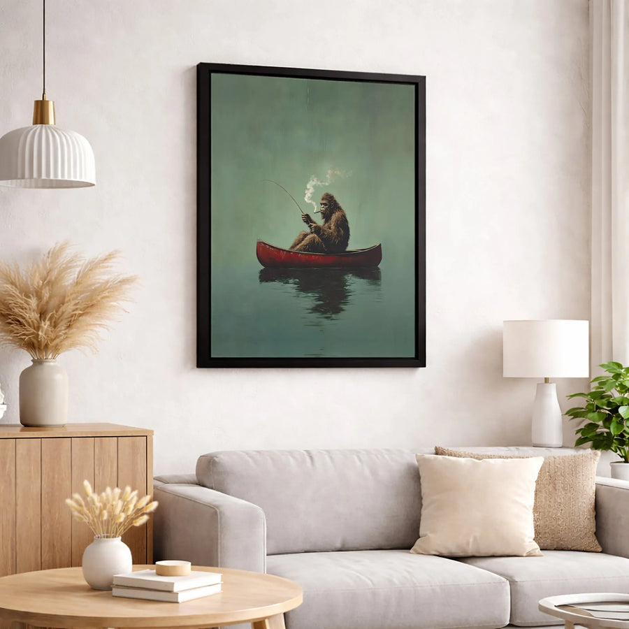 Bigfoot Fishing in Canoe Wall Art | Funny Sasquatch Smoking Cigar Print | Premium Gallery Wrapped Canvas | Rustic Cabin Decor Gift for Him