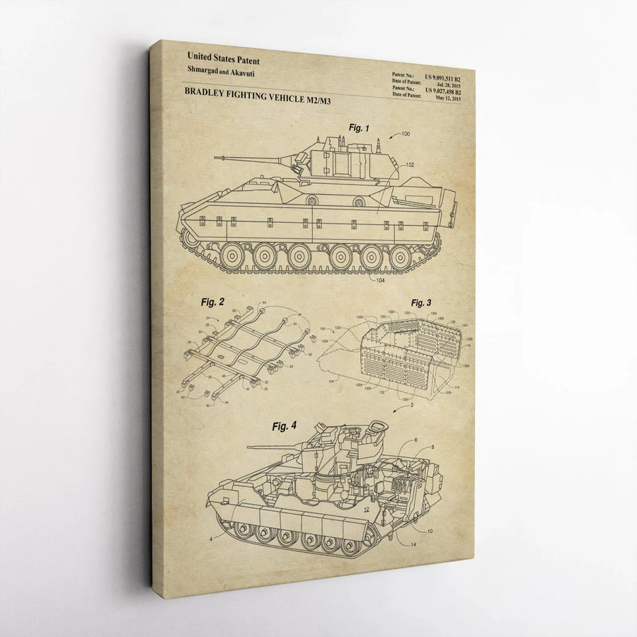 Bradley Fighting Vehicle M2 M3 Patent Art | Vintage Military Technical Drawing | Premium Gallery Wrapped Canvas | Ideal Gift for Army History Buffs