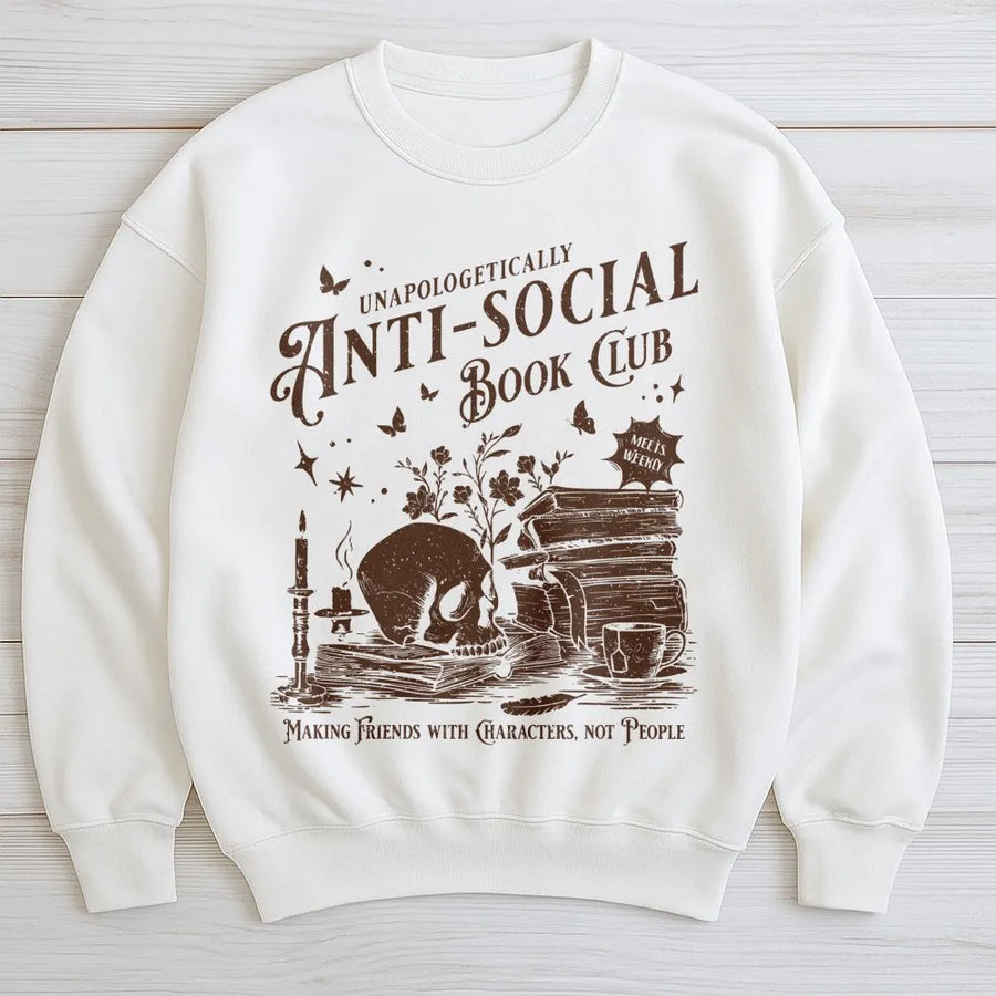 Anti-Social Book Club Sweatshirt | Dark Academia Skull & Books Design | Premium Cotton Blend | Gift for Readers and Introverted Book Lovers