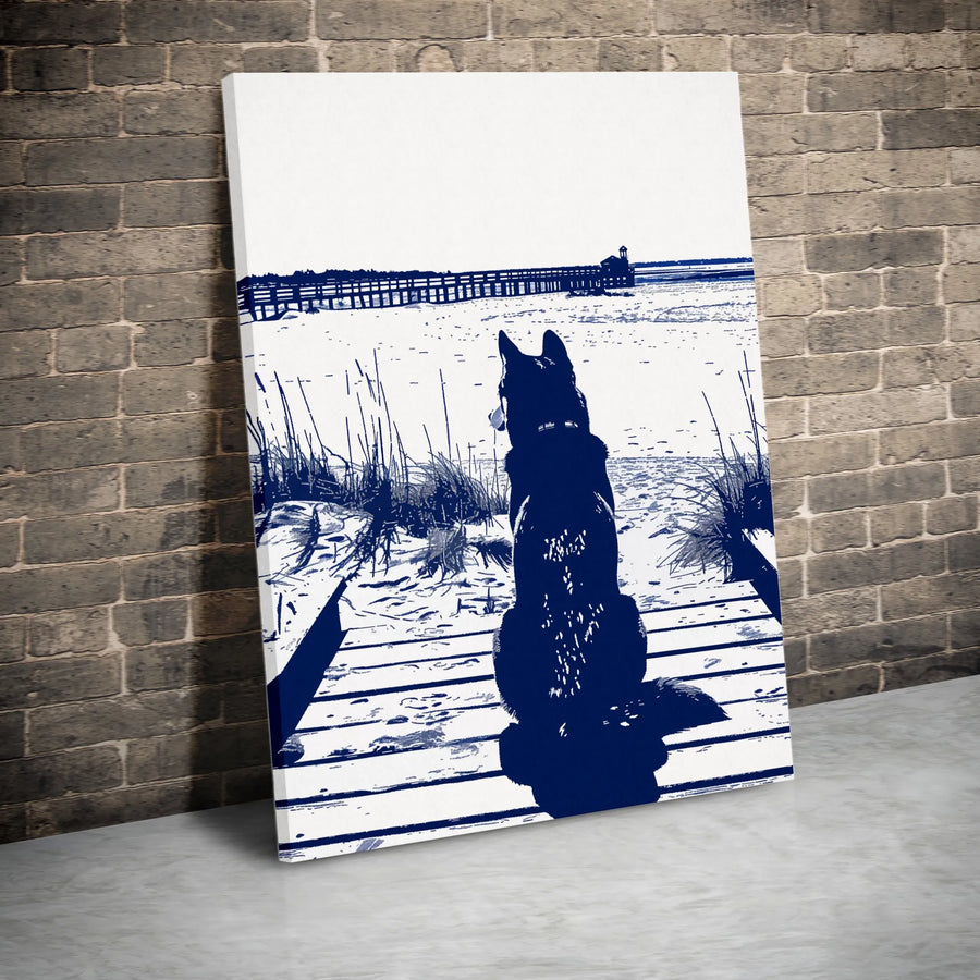Dog on Boardwalk Canvas Wall Art | Blue and White Coastal Pier Print | Premium Gallery Wrapped Decor | Perfect Gift for Dog Lovers