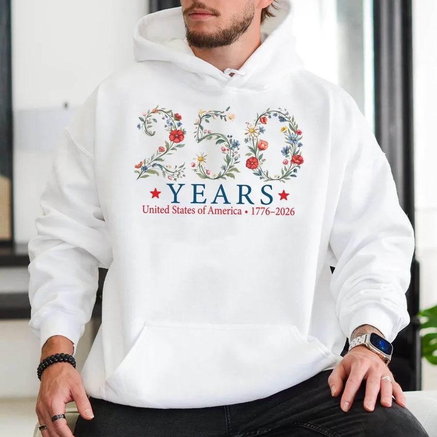250 Years USA 1776-2026 Hoodie | Botanical Floral Commemorative Graphic | Premium Cotton-Blend | Patriotic Gift for Independence Day