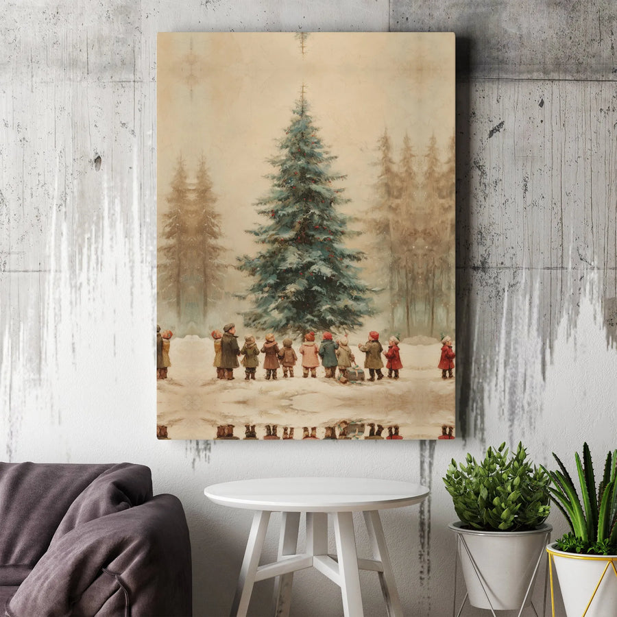 Vintage Christmas Tree Canvas Print | Children in Snowy Forest Artwork | 1.25-Inch Gallery Wrapped Wall Decor | Holiday Home Gift