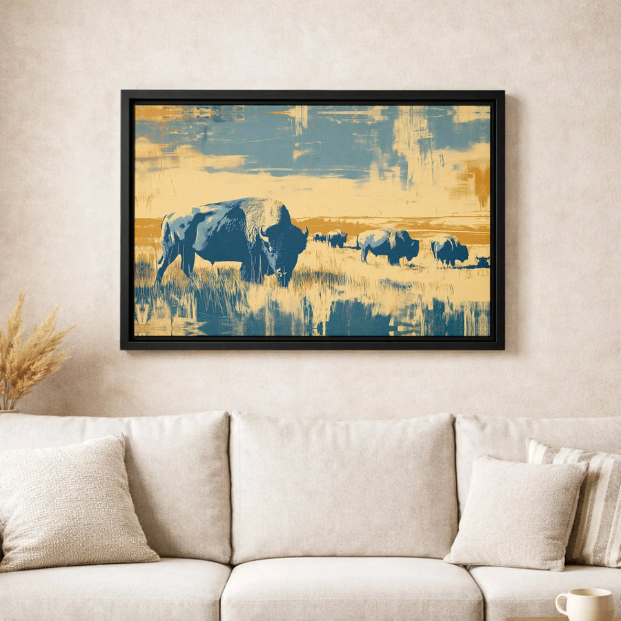 American Bison Canvas Art | Distressed Western Landscape Print | Premium 1.25" Thick Gallery Wrap | Wildlife Wall Decor for Home Office Gift