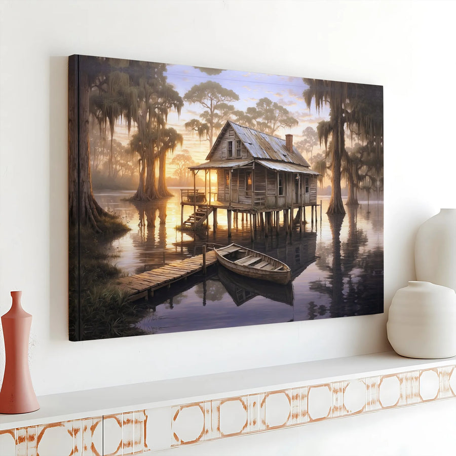 Bayou Cabin Canvas Wall Art | Rustic Swamp Landscape Painting Print | Premium Gallery Wrapped Canvas | Southern Home Decor Housewarming Gift