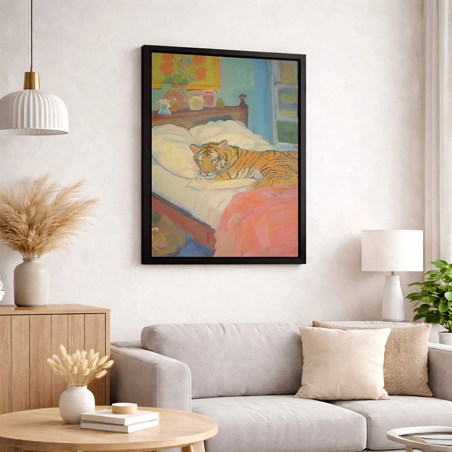 Tiger on Bed Canvas Art | Whimsical Animal Oil Painting Style Print | Premium Gallery-Wrapped Wall Decor | Unique Gift for Animal Lovers