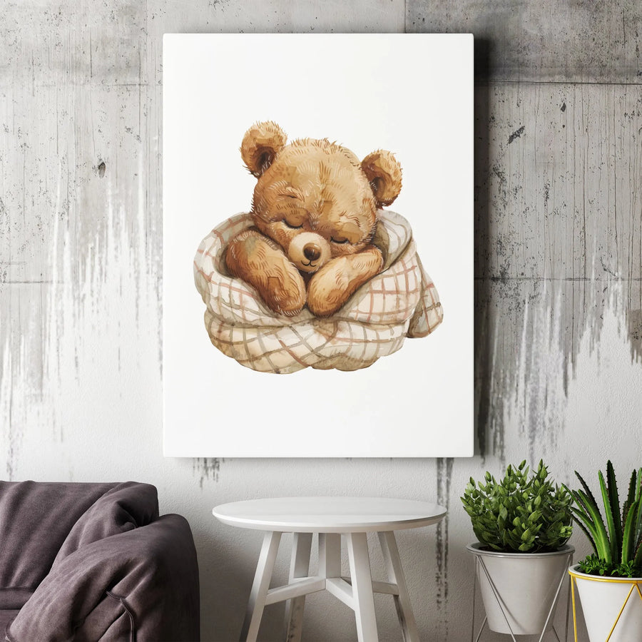 Sleeping Teddy Bear Canvas Wall Art | Watercolor Bear in Plaid Blanket | Premium Gallery Wrapped Print | Cute Nursery Decor Gift for Baby Room