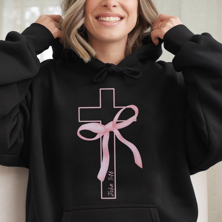 Coquette Christian Hoodie | Pink Ribbon Cross Bible Verse John 3:16 | Premium Cotton Blend | Aesthetic Religious Gift for Women