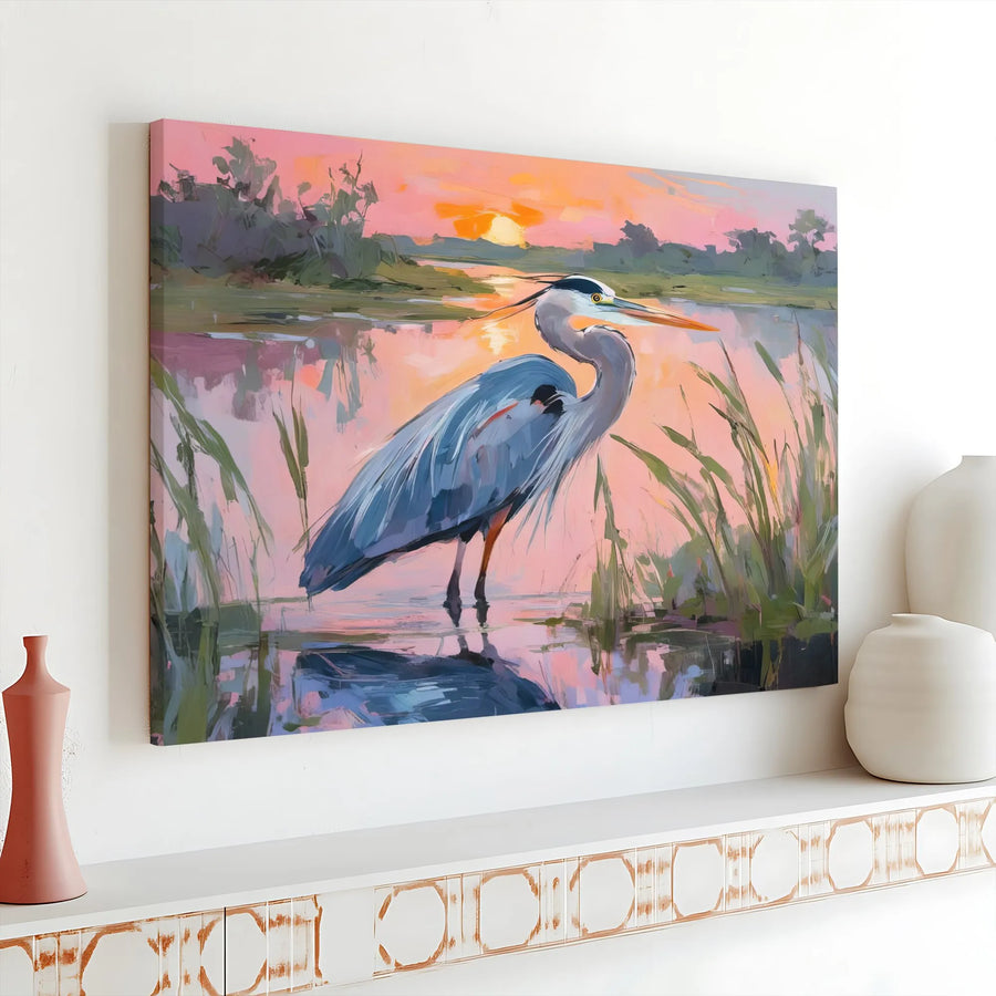 Great Blue Heron Canvas Wall Art | Impressionist Sunset Marsh Painting | Premium Gallery Wrapped Canvas | Coastal Decor Gift for Bird Watcher