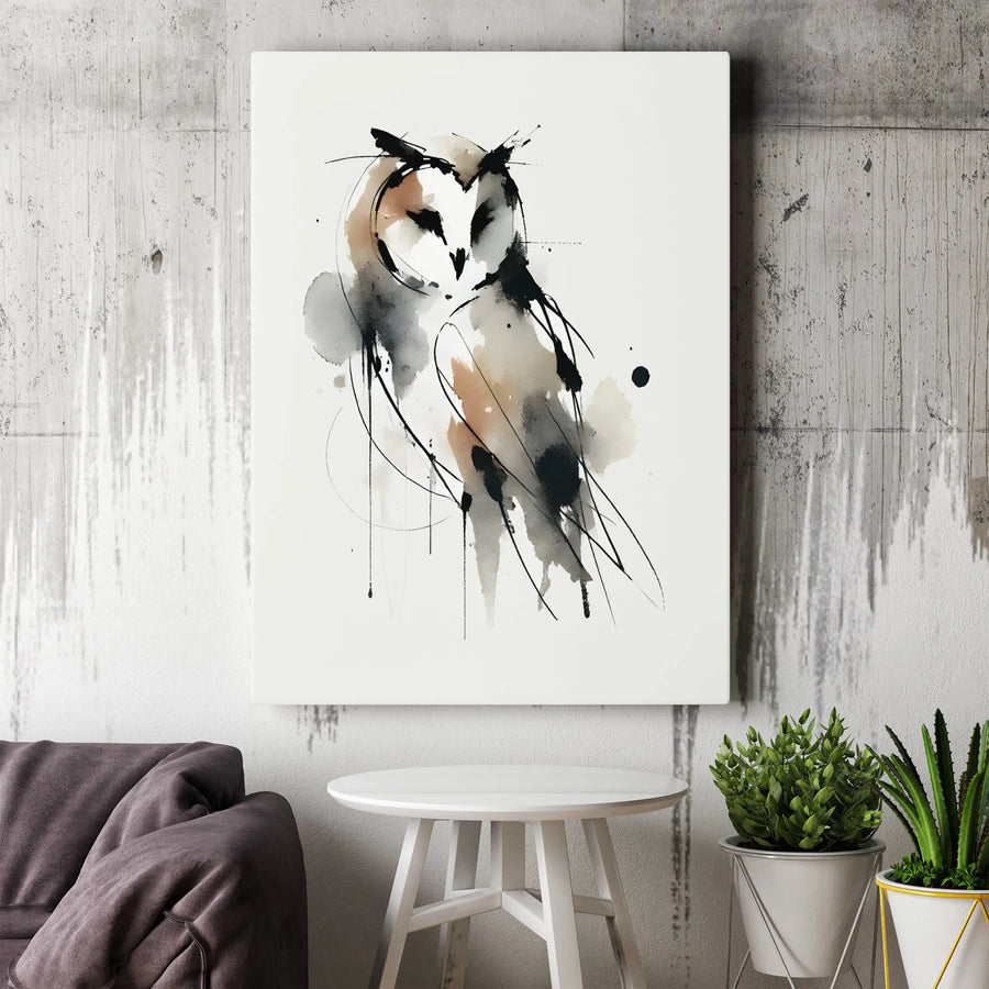 Abstract Owl Vertical Canvas | Minimalist Ink Wash Sketch Art Print | Premium Thick Frameless Design | Modern Home Decor Collector's Gift