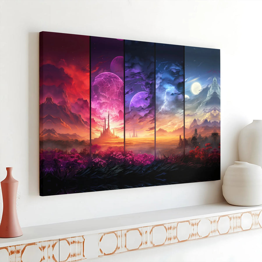 Fantasy Landscape Canvas Wall Art | Epic Celestial Sky Panorama | Premium Gallery Wrapped Canvas | Living Room Decor & Gamer Gift