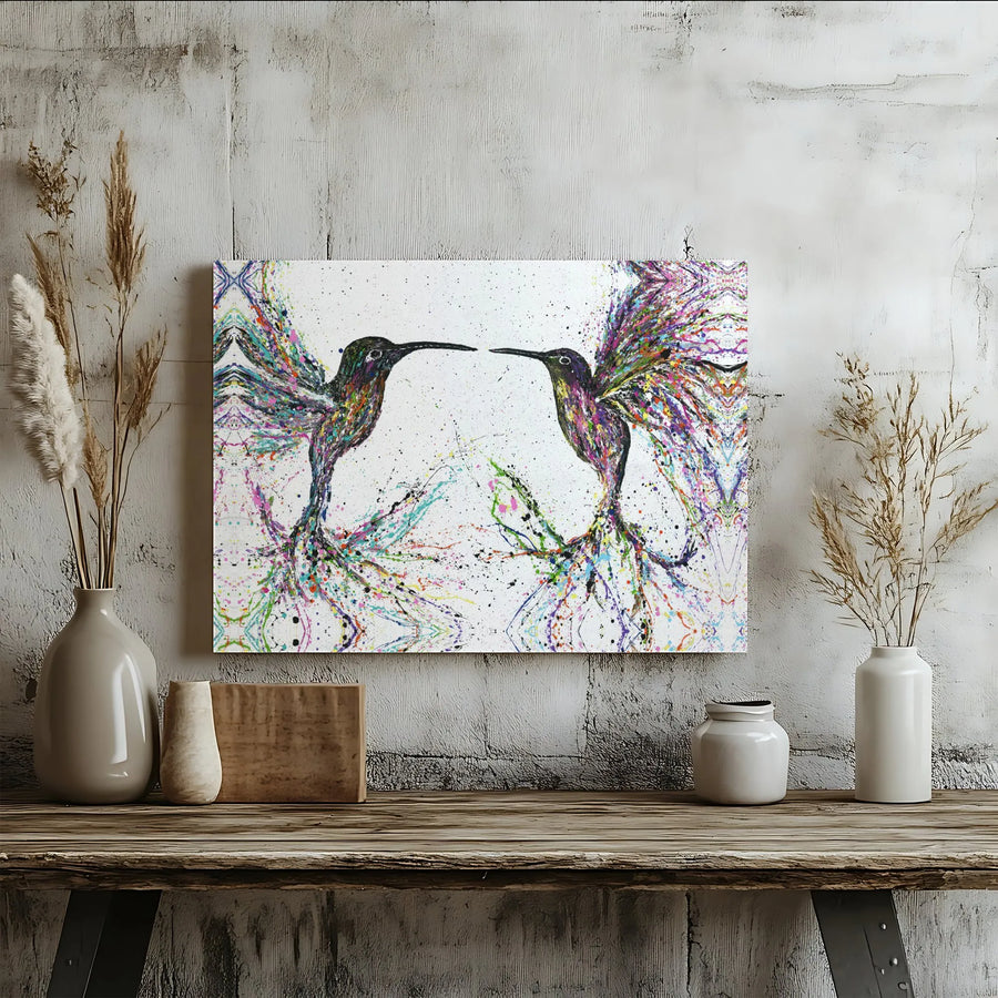 Abstract Hummingbirds Horizontal Canvas | Colorful Paint Splatter Bird Art | 1.25 Inch Gallery Wrap Premium Canvas | Living Room Wall Decor, Nature Lover Gift