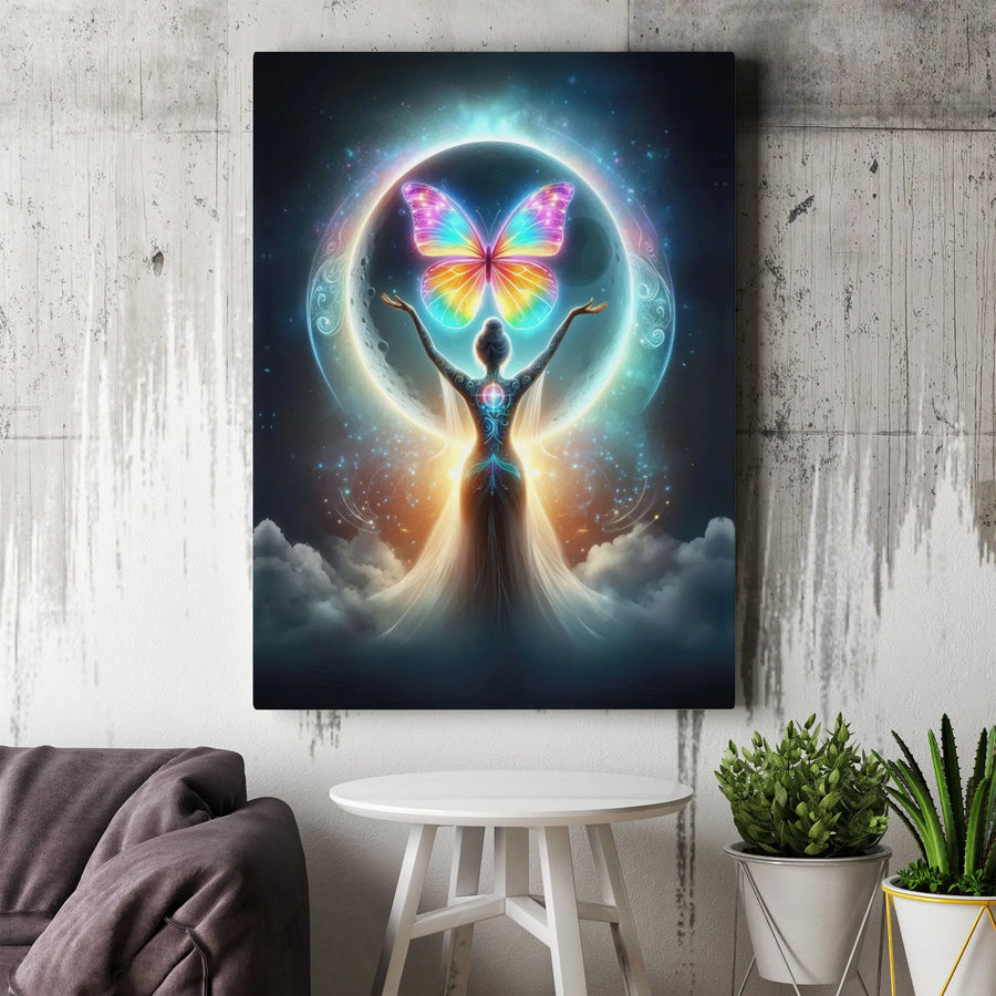 Spiritual Goddess Canvas Wall Art | Cosmic Rainbow Butterfly Moon Design | Premium 1.25-Inch Gallery Wrap | Bohemian Home Decor Gift