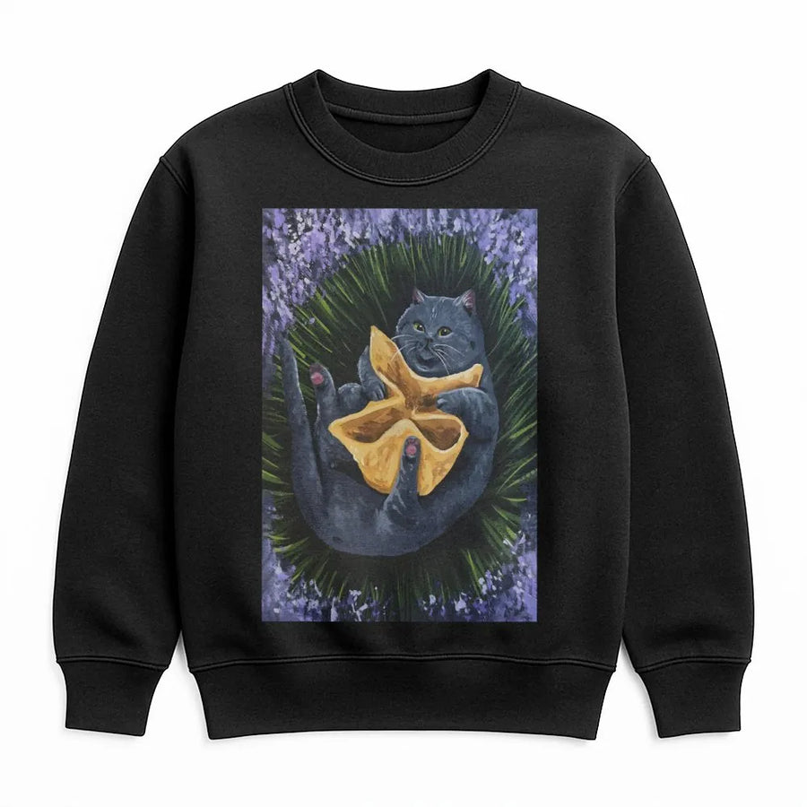 Crab Rangoon Cat Sweatshirt | Whimsical Grey Kitty In Lavender Design | Premium Cotton Blend Crewneck | Cute Foodie Animal Lover Gift