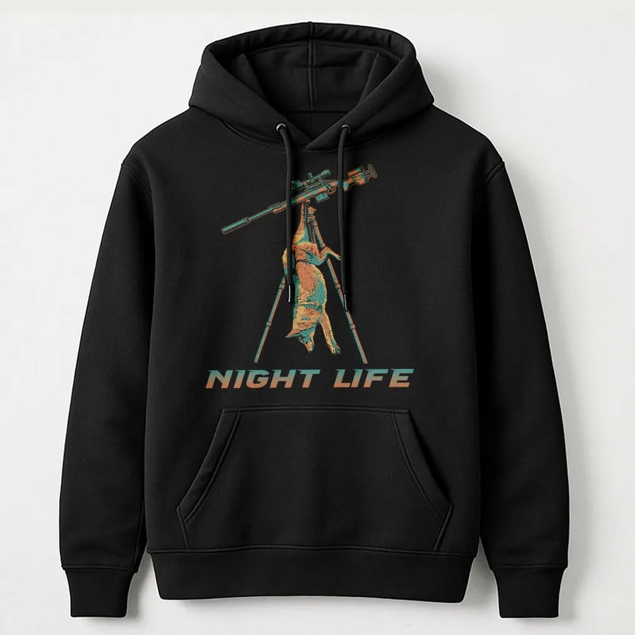Coyote Hunting Hoodie | Night Life Predator Hunter Graphic | Premium Cotton Blend | Gift for Varmint Hunters