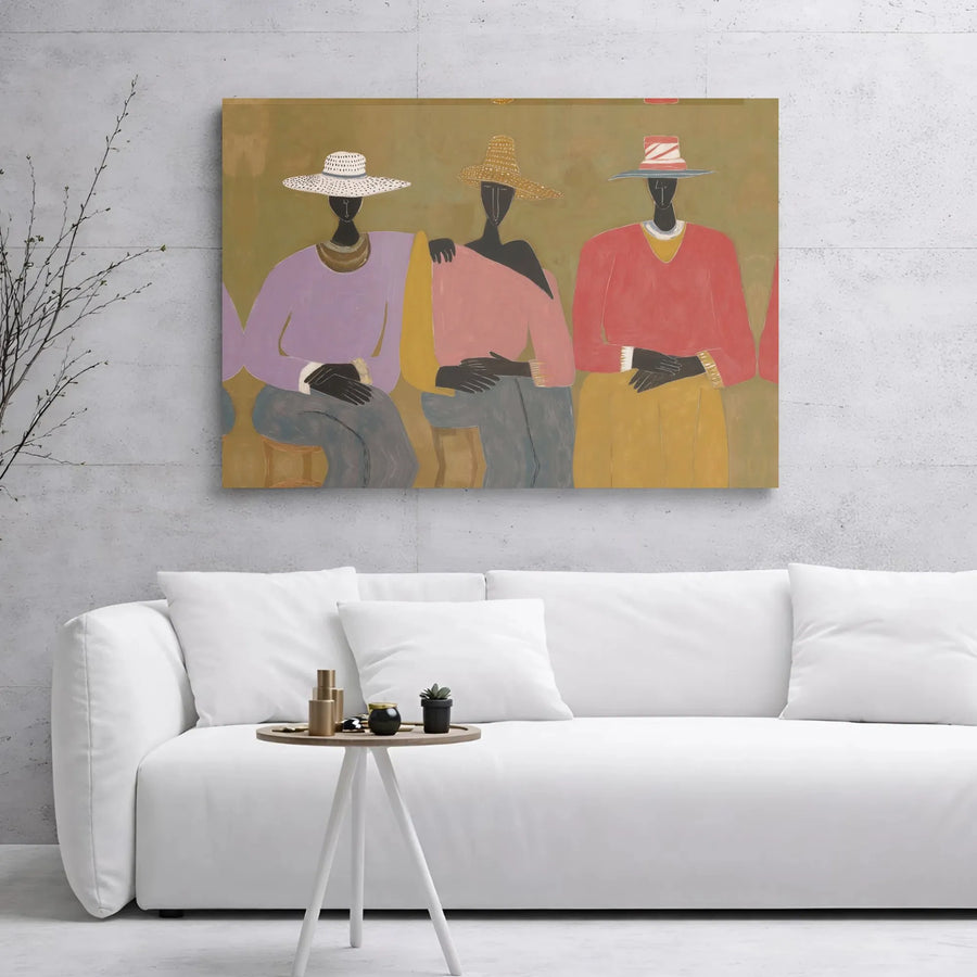 Abstract Black Women Wall Art | Three Friends Colorful Hats Illustration | Premium 1.25" Gallery Wrap Canvas | Modern Home Decor Gift