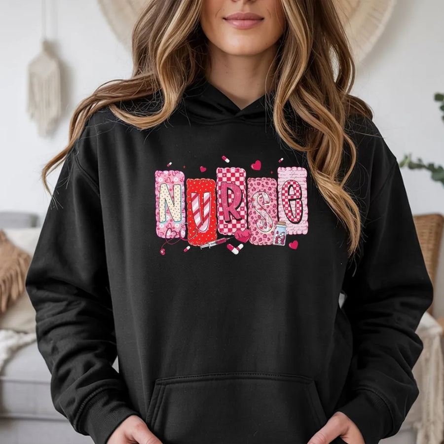 Nurse Valentine Hoodie | Pink Hearts and Stethoscope Graphic | Premium Cotton Blend | Cute Valentines Day Gift for Nurses and Nursing Students